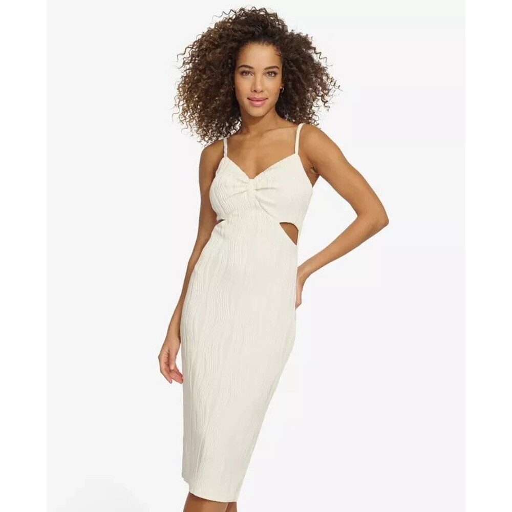 Siena Women's Ruched-Front Side-Cutout Textured Knit Midi Dress Off White Size 6